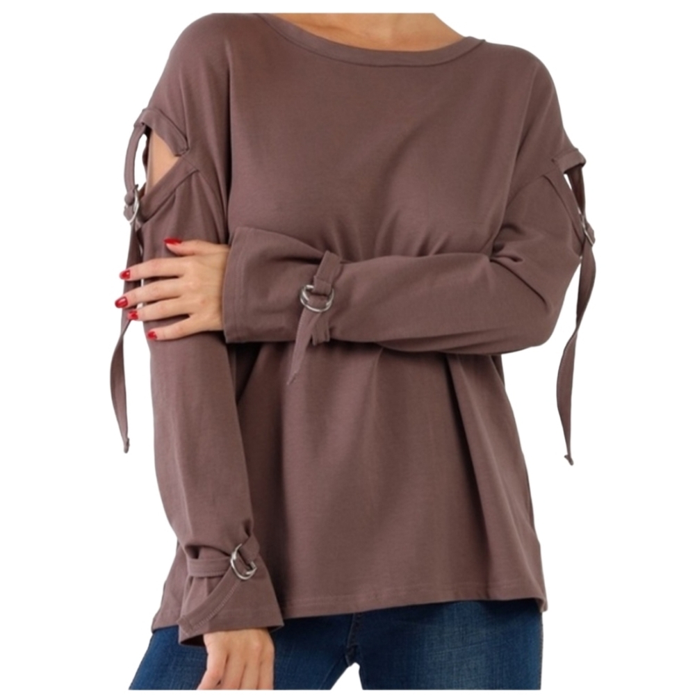 VERY J Buckle Up Oversized Drop Shoulder Cut Out Long Sleeves Buckle Sweater NWT